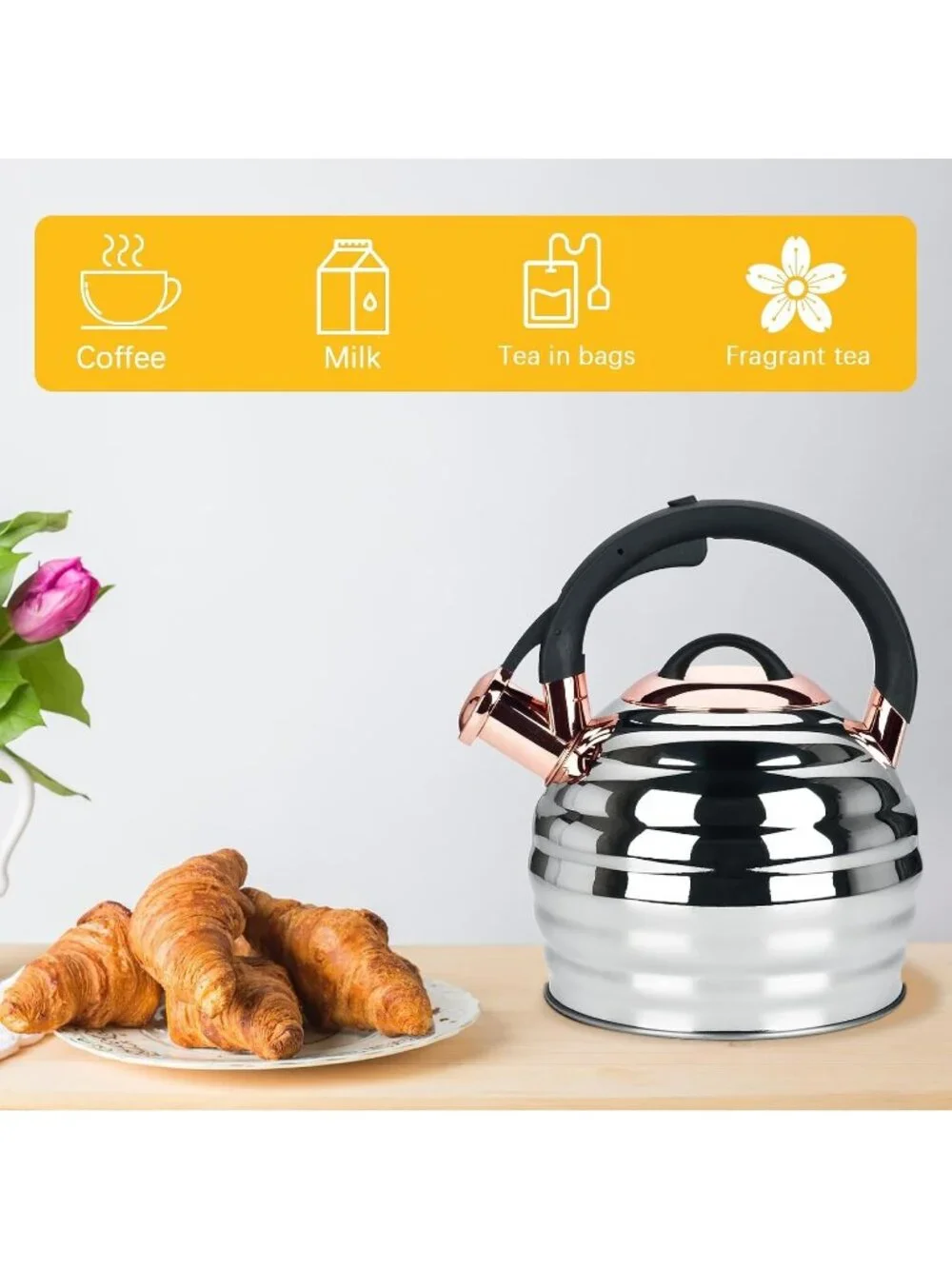 Gold Kitchen Whistling Teakettle 3.2Q Stainless Steel Stovetop Heat Proof Handle